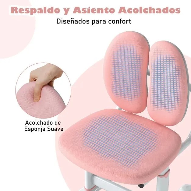 Cadeira de escritório para crianças com apoio duplo para as costas e altura ajustável estofada Rosa