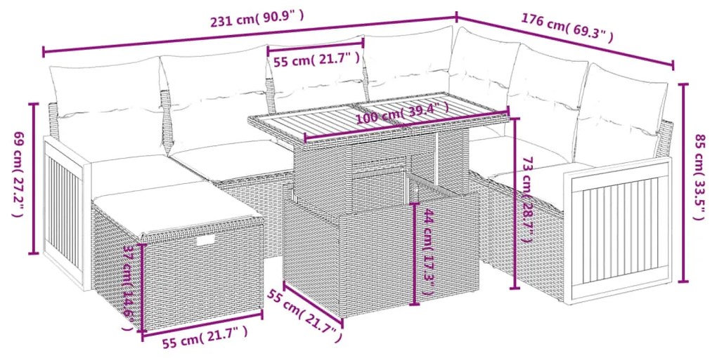 8 pcs conjunto de sofás p/ jardim com almofadões vime PE bege