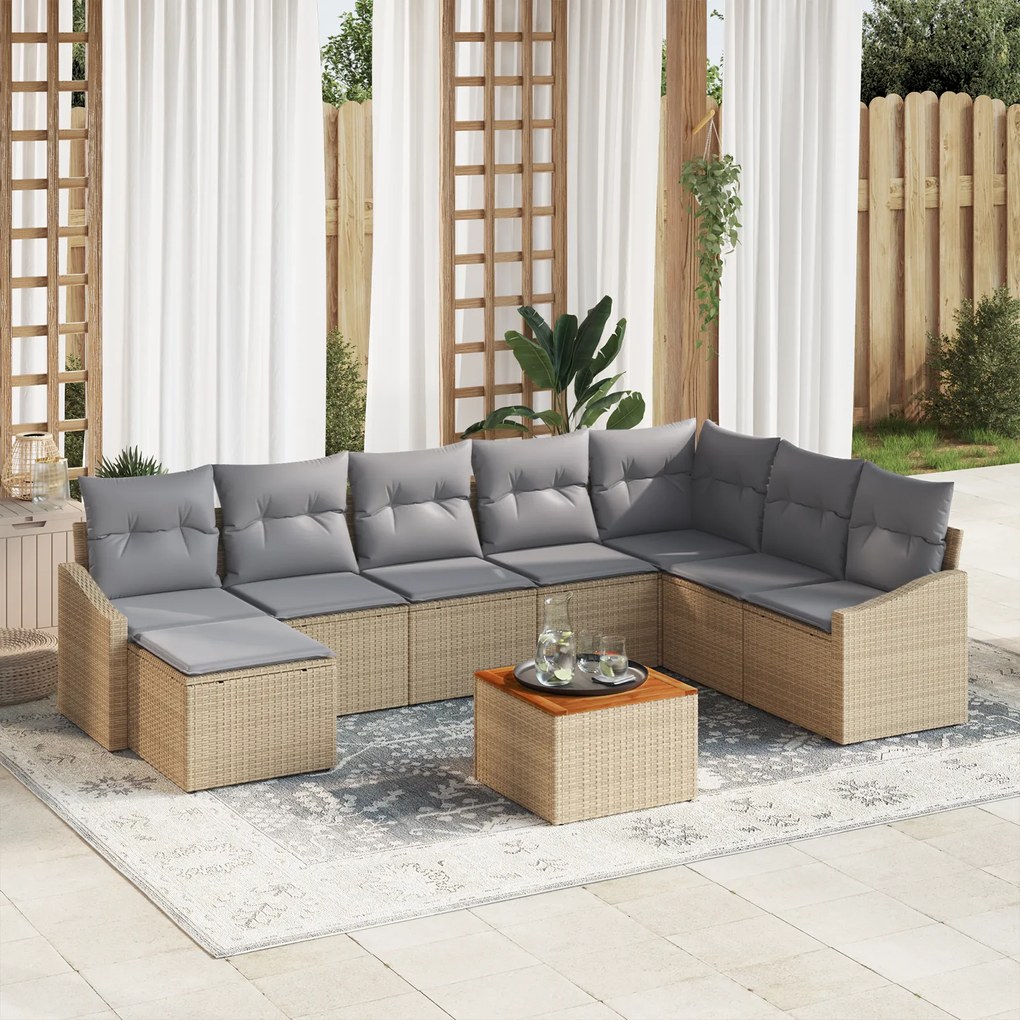 Conjunto de Sofás de Jardim com Almofadas de 9 Peças Bege Vime Acácia