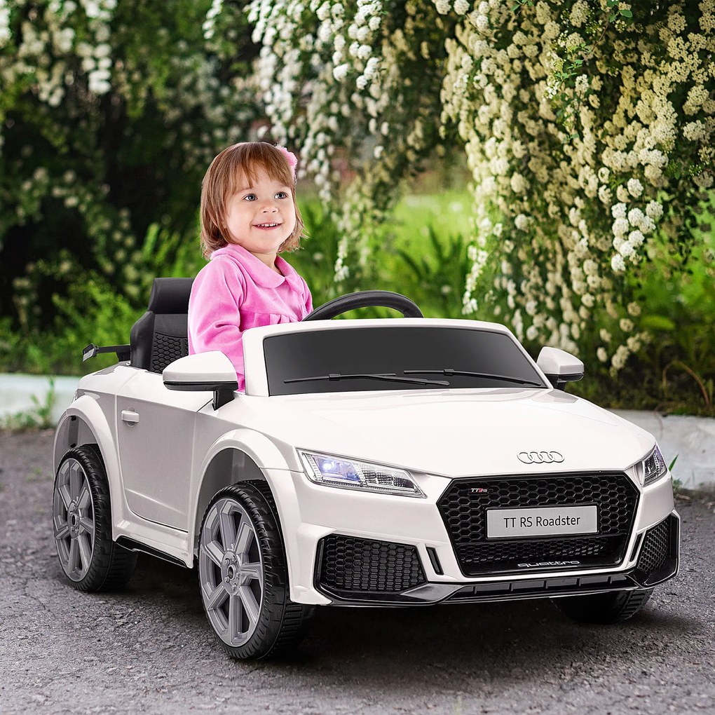 Carro Elétrico Audi TT para Crianças acima de 3-5 anos com Controlo Remoto Música e Luzes Bateria 12V 102x60x44 cm Branco