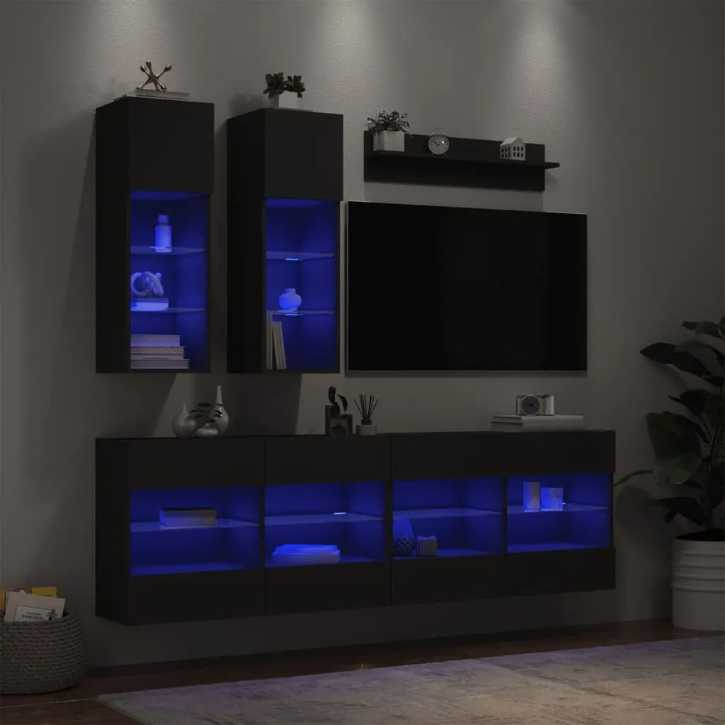 vidaXL 6 pcs conjunto de móveis de parede para TV com luzes LED preto