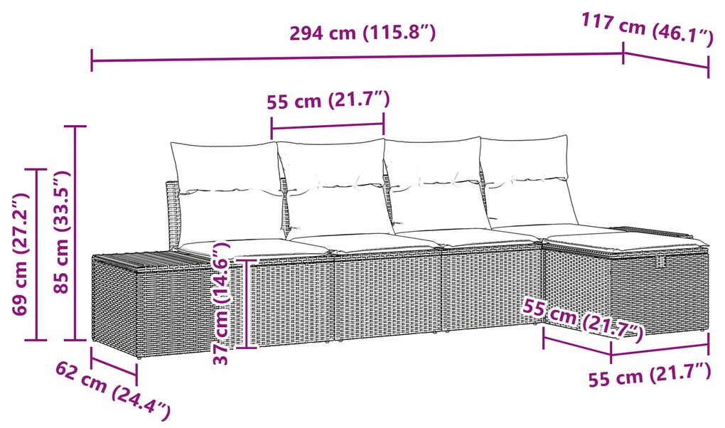 Conjunto de Sofá de Jardim de 5 Peças com Almofadas Preto Vime Sintéti