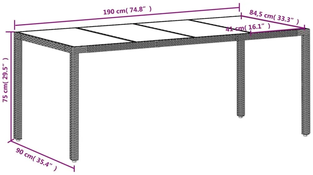 Mesa de jardim c/ tampo vidro 190x90x75 cm vime PE cinza-claro