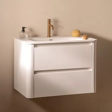 Conjunto De Móveis De Banheiro De Madeira Egerton Com Pia Integrada Branco & Sem Espelho & Ouro Rousa ↑20 Cm Com Válvula - Sklum