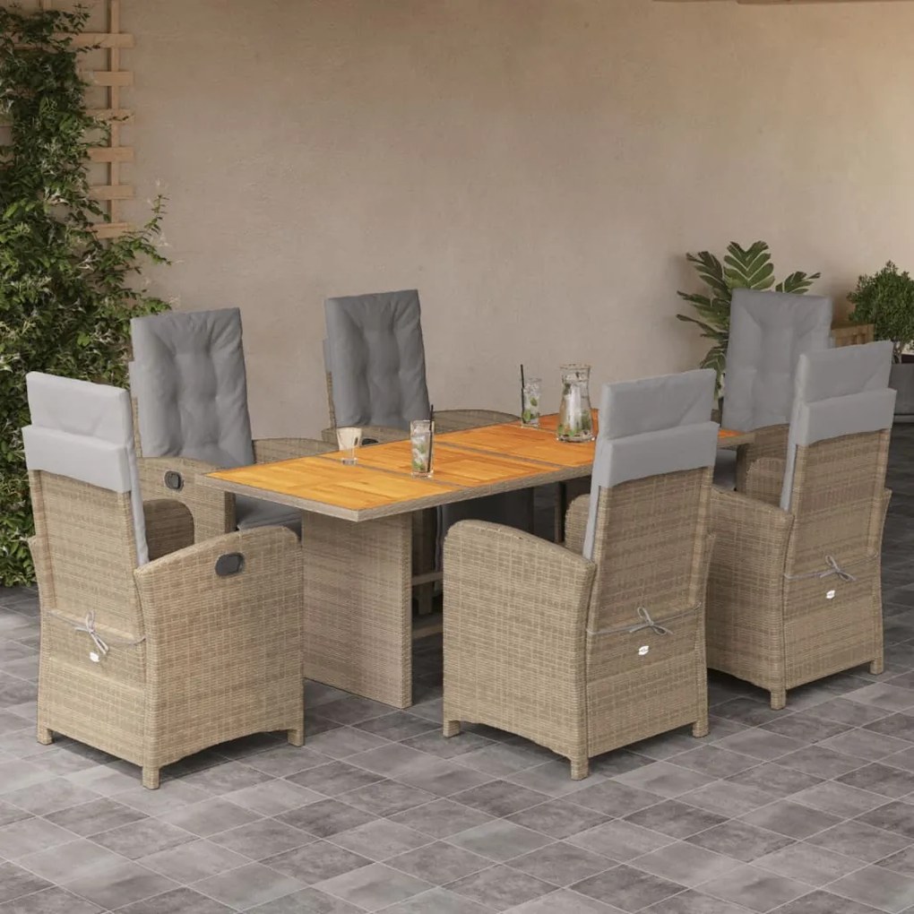 vidaXL 7 pcs conjunto de jantar p/ jardim com almofadões vime PE bege