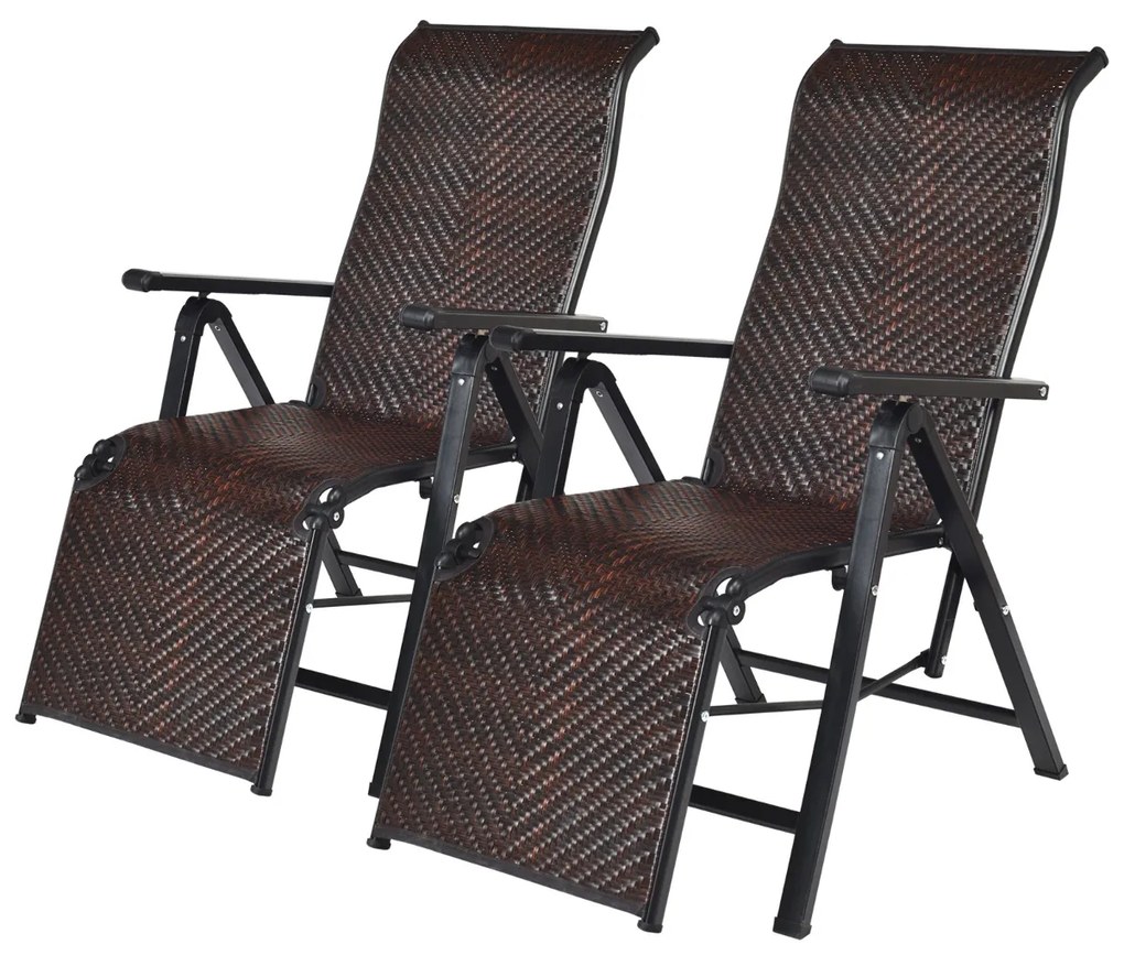 Conjunto de 2 espreguiçadeiras jardim de rattan para exterior dobrável com encosto ajustável para jardim, pátio, praia, interior, Castanho