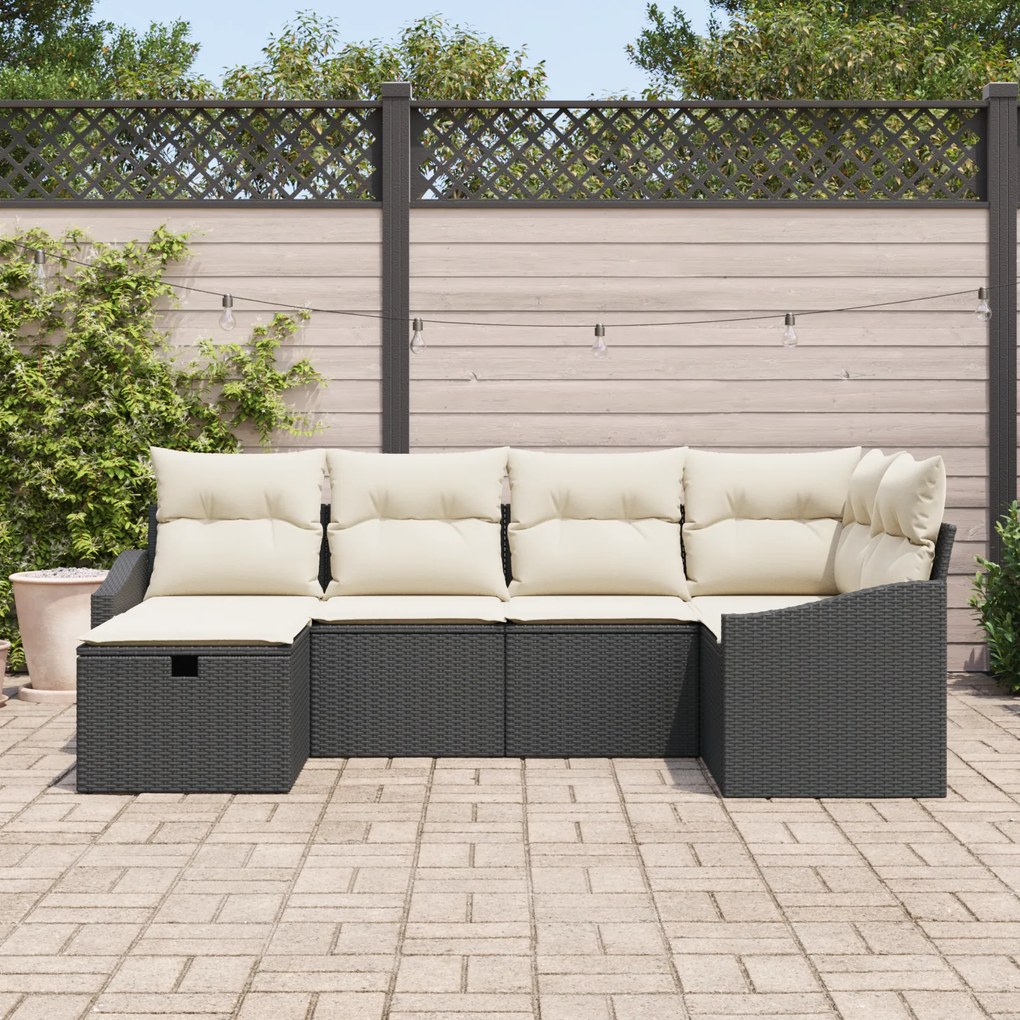 Conjunto de Sofá de 6 Peças com Almofadas Preto Vime Sintético