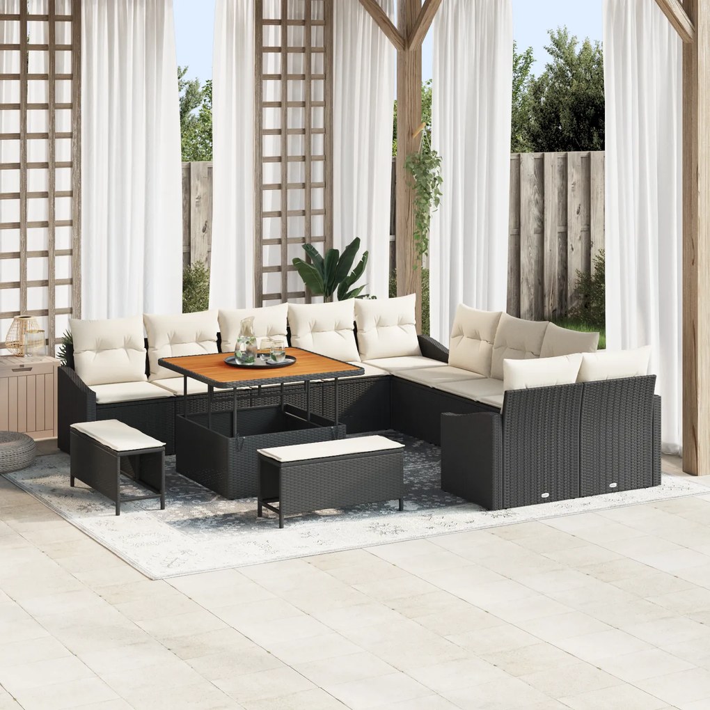 Conjunto de Sofá de Jardim vidaXL de 13 Peças com Almofadas Preto Vime Acácia