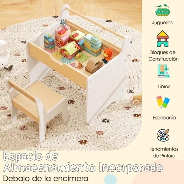 Conjunto de mesa e cadeira infantil de madeira 2 em 1 para crianças com tabuleiro removível, branco