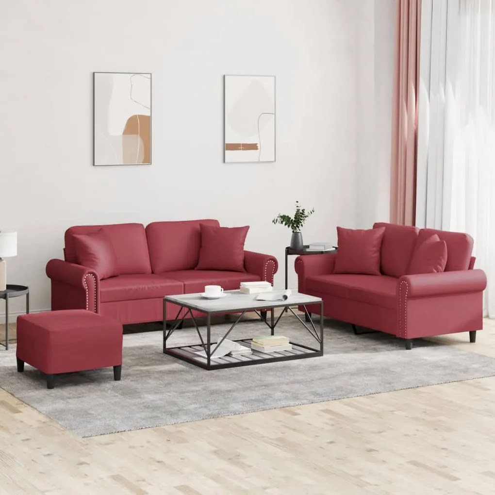 vidaXL 3 pcs conjunto sofás c/ almofadas couro artif. vermelho tinto
