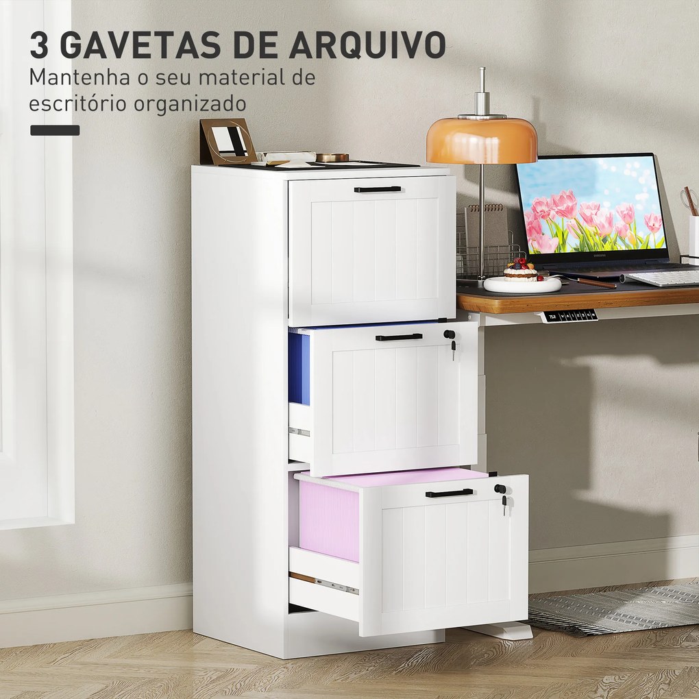 Bloco de Gavetas para Escritório com 3 Gavetas para Escritório com Fechaduras Gavetas Suspensas para A4 40x40x101 cm Branco