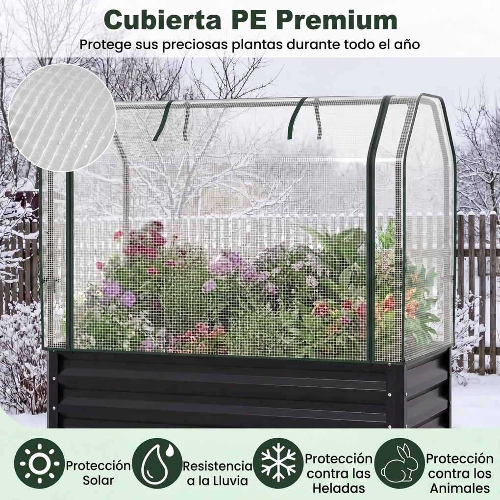 Floreira elevada com estufa 112 x 55 x 152 cm, canteiro de jardim em metal galvanizado com cobertura de proteção e porta enrolável para pátio, terraço