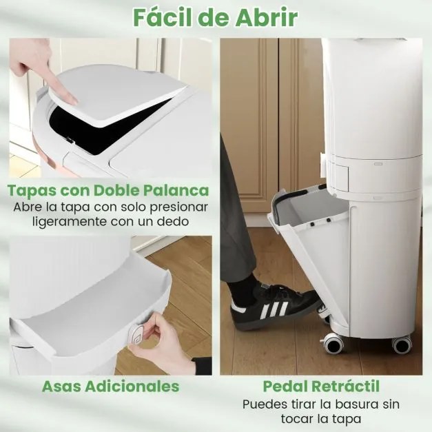 Caixote do lixo de 42 L com 2 caixotes removíveis, gaveta com pedal e rodas para sala, cozinha e casa de banho, branco