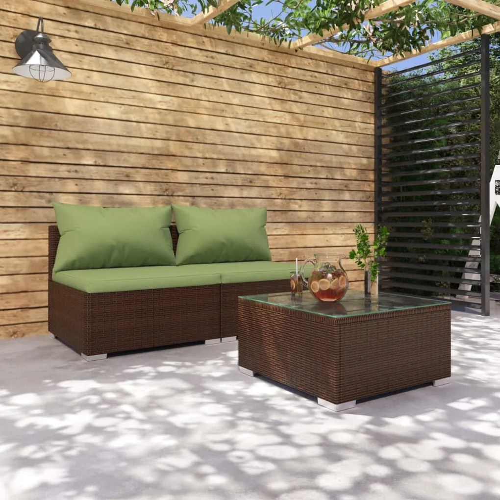 vidaXL 3 pcs conjunto lounge jardim c/ almofadões vime PE castanho
