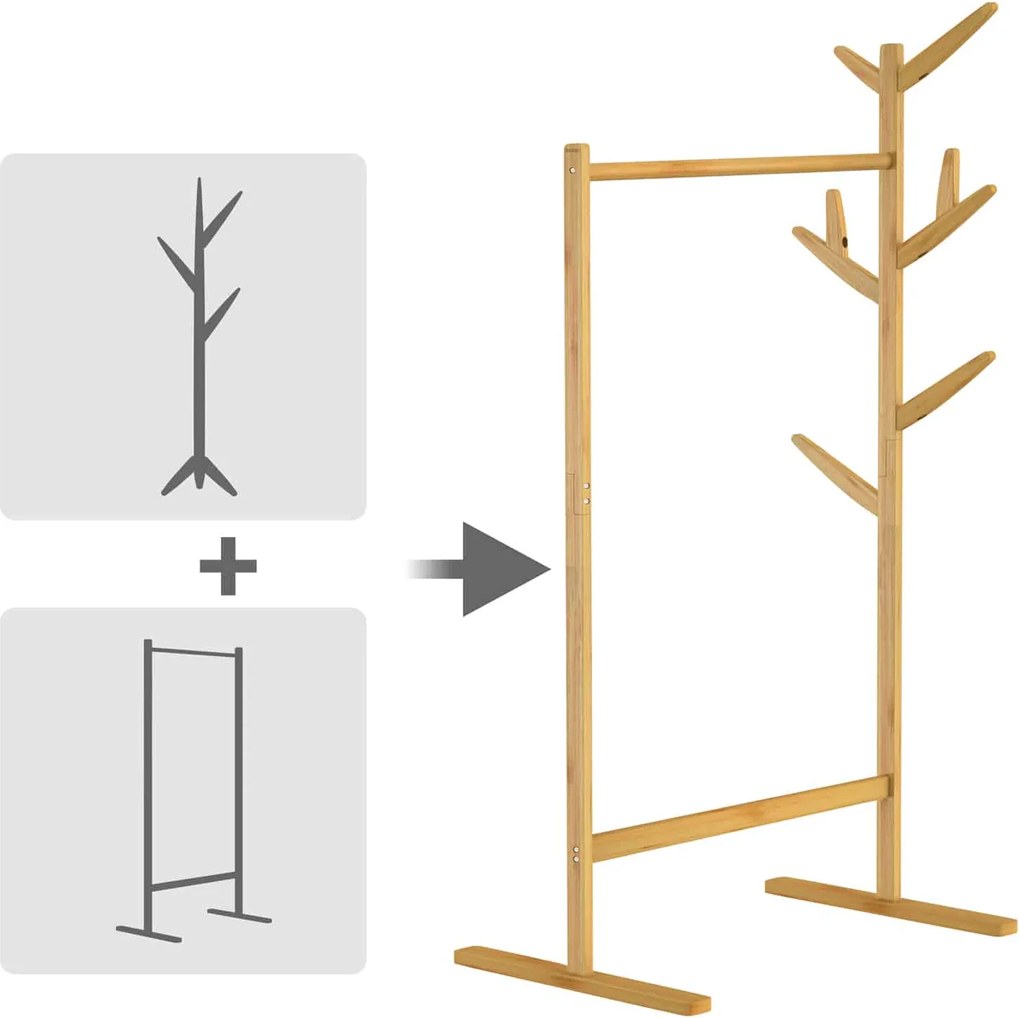 Cabide de bambu com barra para roupas e 8 ganchos 163 x 66 x 40 cm Castanho