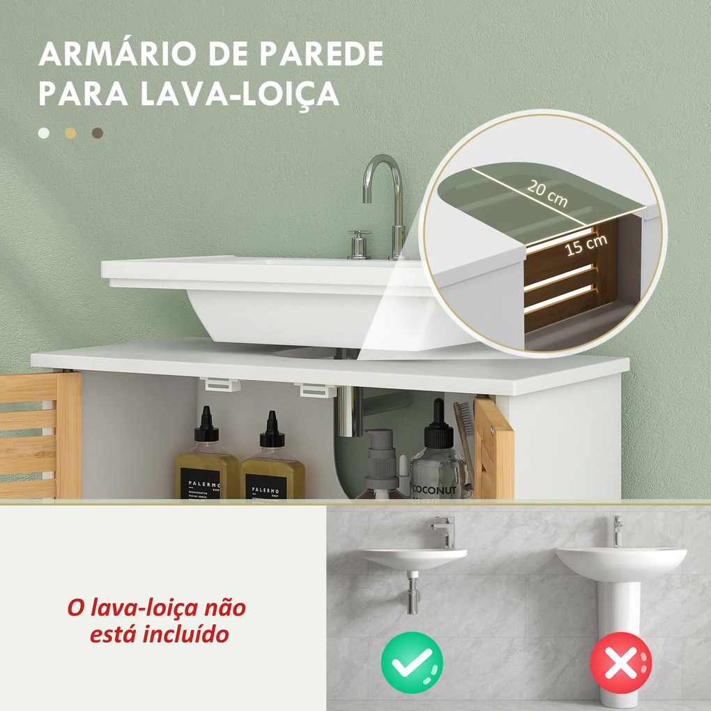 Móvel para Lavatório Moderno com Portas Magnéticas de Bambu e Estante Ajustável 60x30x60 cm Branco e Madeira
