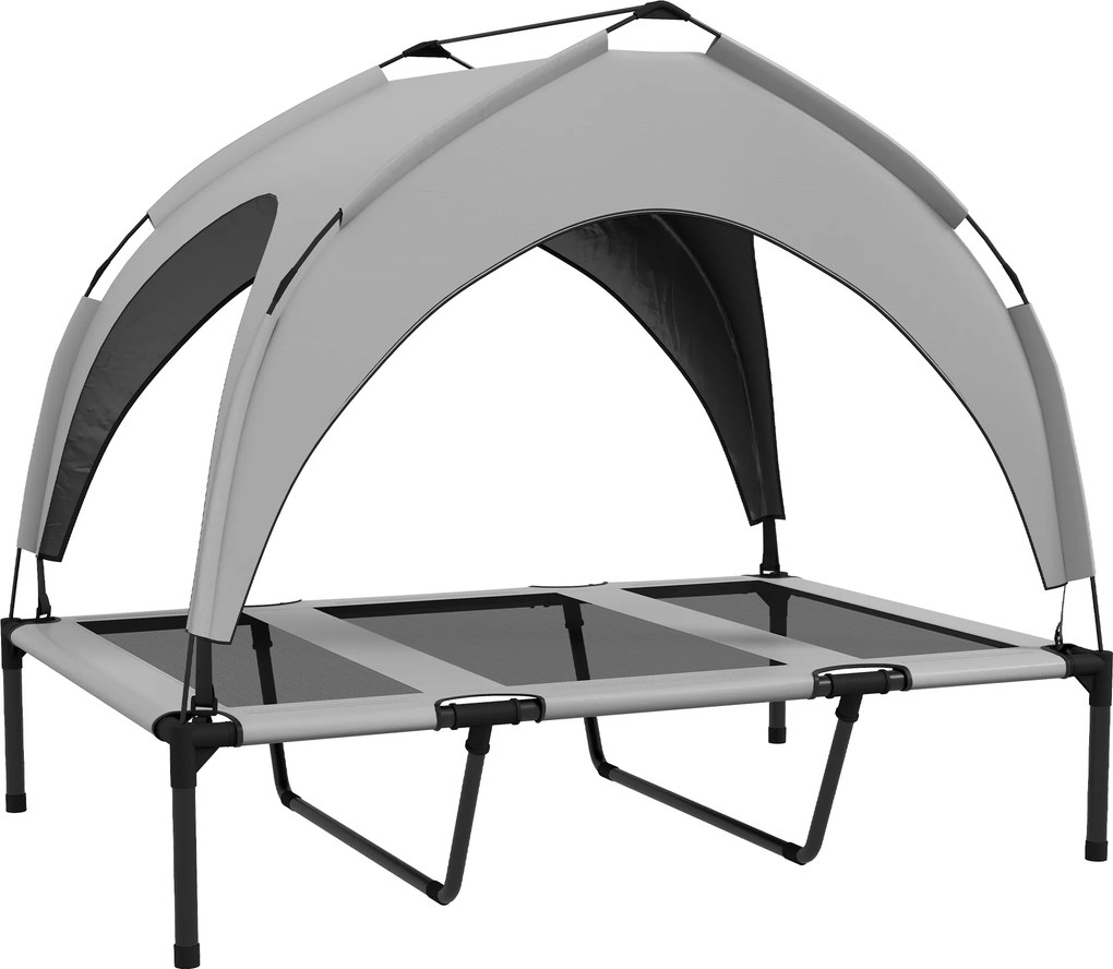 PawHut Cama Elevada para Cães com Toldo Estrutura de Aço e Bolsa de Transporte para Interior e Exterior 106x76x94 cm Cinzento Claro | Aosom Portugal