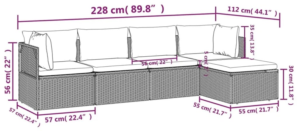 5 pcs conjunto lounge de jardim c/ almofadões vime PE cinzento