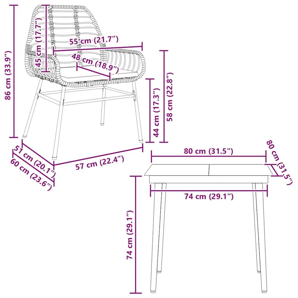 3 pcs conjunto jantar jardim almofadões vime PE vidro preto