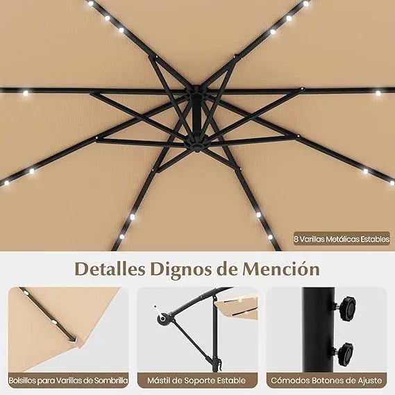 Guarda-sol de jardim Ø 3 m com 40 luzes LED solares, inclinável com manivela, com base saco de areia, proteção UV impermeável, bege