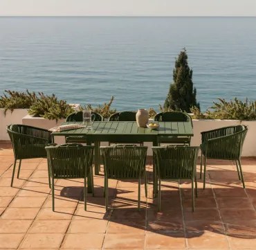 Conjunto De Mesa Extensível Starmi 90-180x90 Cm E 8 Cadeiras De Jardim Empilháveis Em Alumínio E Corda Trançada Ondina Verde Azeitona Intenso - Sklum