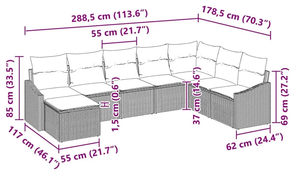 Conjunto de Sofá de Jardim com 8 Peças e Almofadas Cinza Claro em Ratt