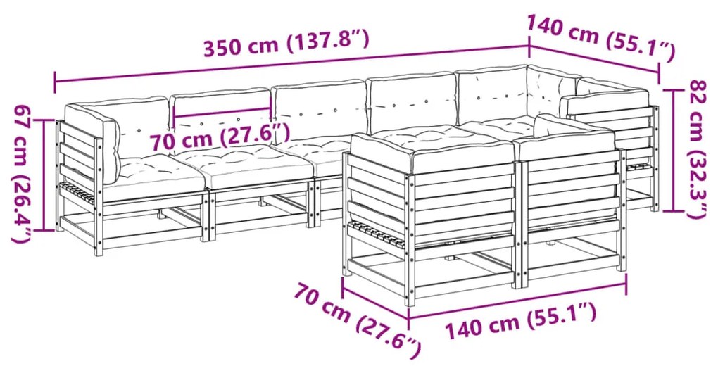 8 pcs conj. sofás jardim c/ almofadões madeira pinho impregnada