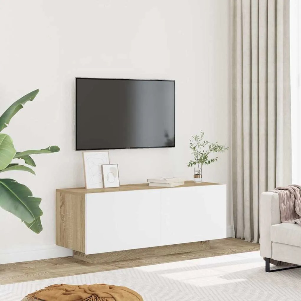 Móvel de TV 100x35x40 cm contraplacado branco e carvalho sonoma