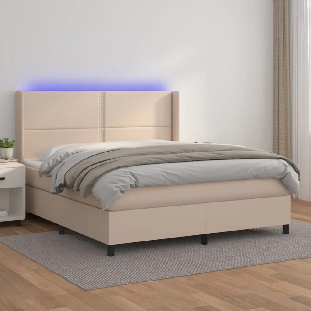 vidaXL Cama box spring c/colchão/LED 160x200cm couro artif. cappuccino