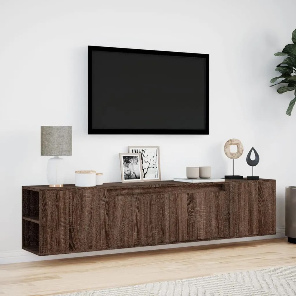 Móvel parede p/ TV c/ luzes LED 180x31x39,5cm carvalho castanho