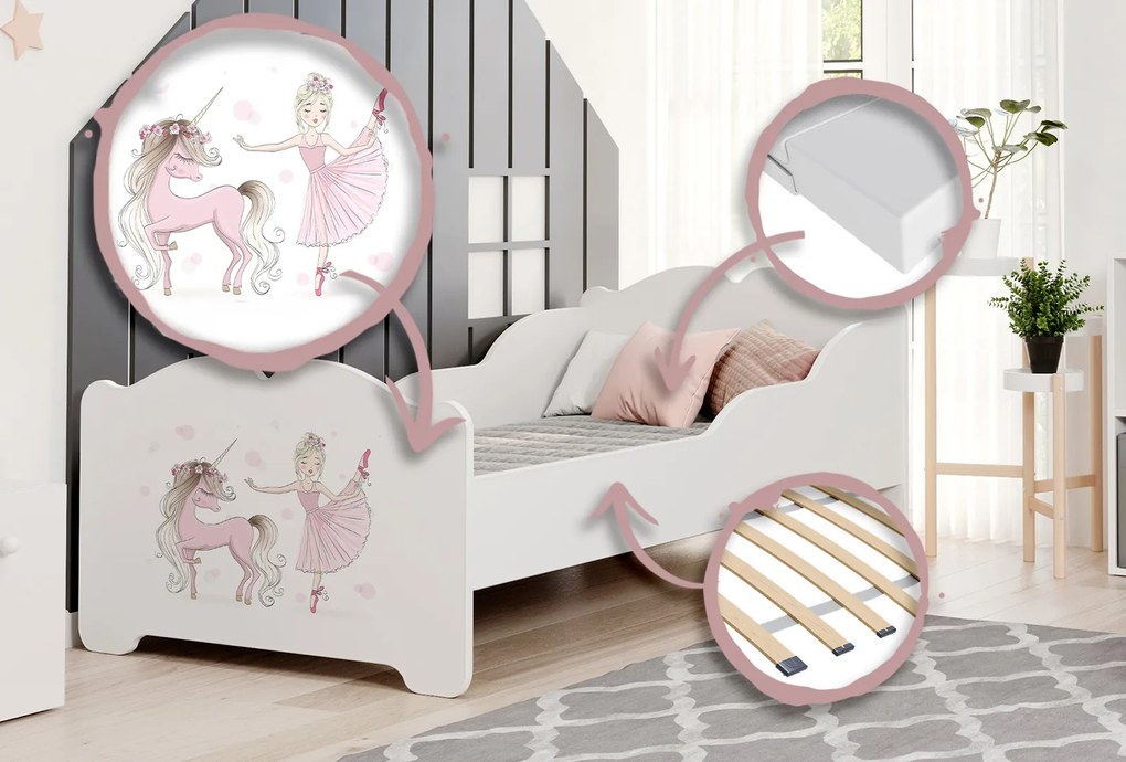 Cama infantil ANNA branca 160x80 - princesa e unicórnio - colchão e estrado incluído