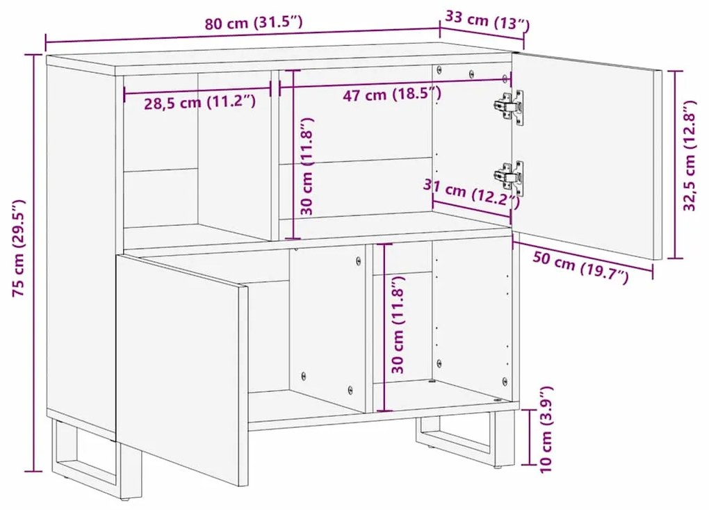 Buffet – 80x33.5x75 cm, Feito de Madeira Sólida de Mogno