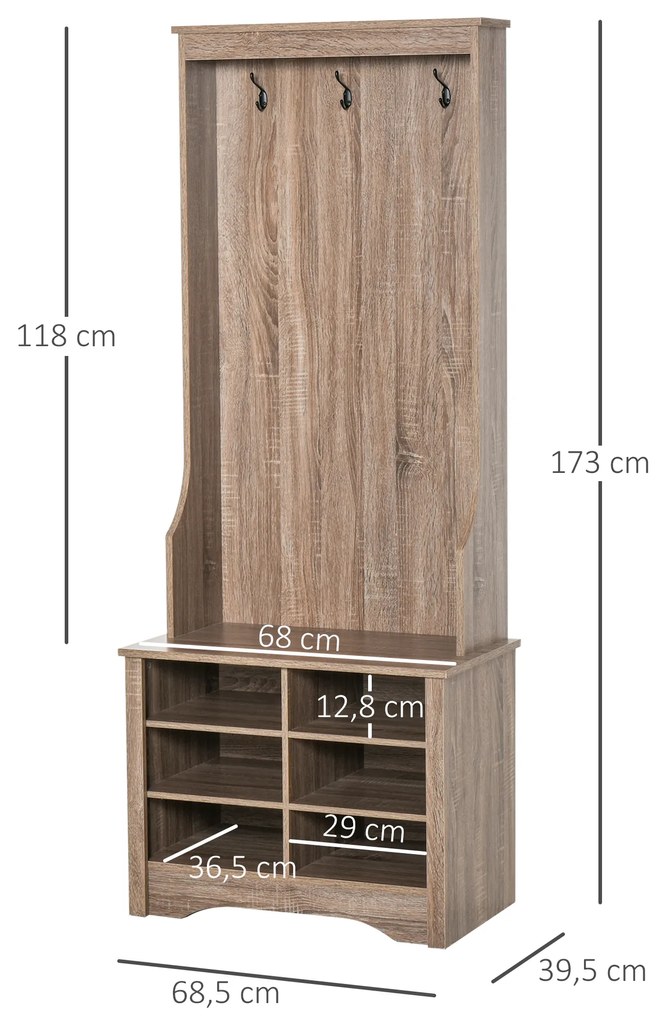 HOMCOM Móvel Cabide de Entrada com 3 Ganchos e 6 Compartimentos para Sapatos Armário de Entrada com Cabides 68,5x39,5x173cm Madeira