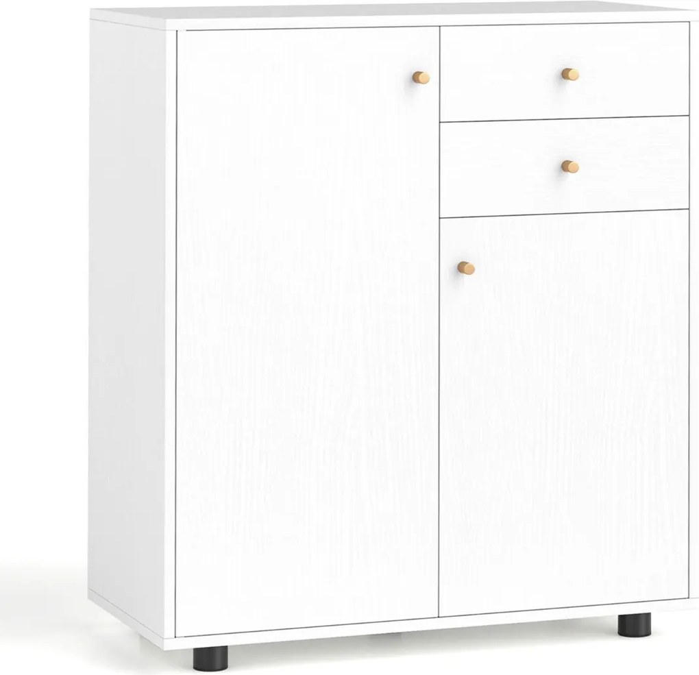 Aparador armário para cozinha ou sala 74 x 35 x 85,5 cm com 2 gavetas, 2 portas e 3 prateleiras ajustáveis, estilo rústico moderno Branco