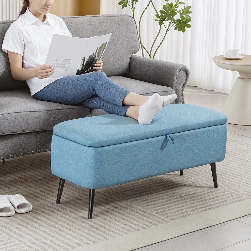 Banco de Armazenamento Estofado em Linho com Tampa Abatível e Pés de Aço Carga Máxima 150kg 101x38,5x44,5 cm Azul Claro