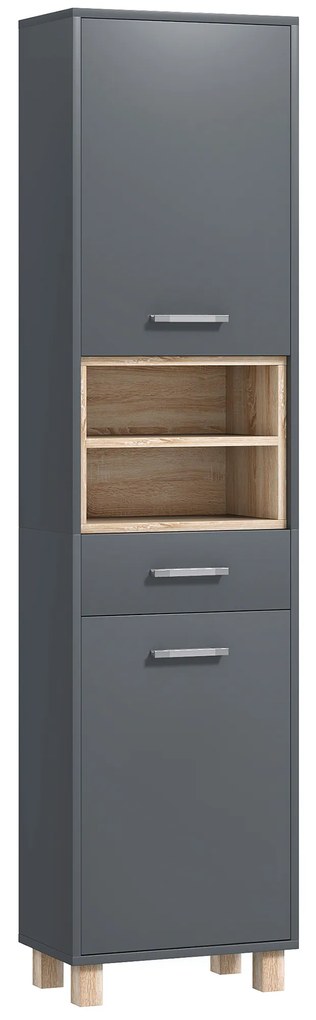 HOMCOM Coluna de Banheiro, Móvel de Armazenamento para Banheiro com 2 Armários, Gaveta e 2 Compartimentos Abertos, Cinza | Aosom Portugal