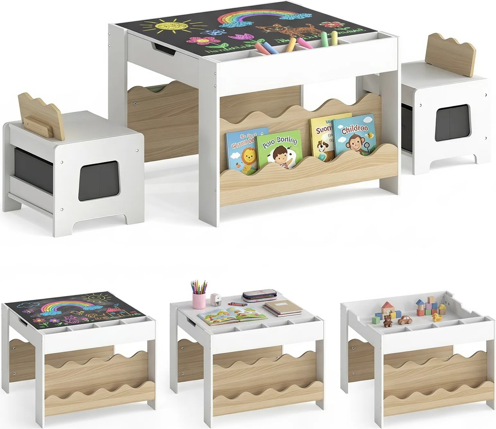 Conjunto de Mesa Infantil e 2 Cadeiras, 66 x 64 x 48 cm, Tabuleiro Reversível, Natural