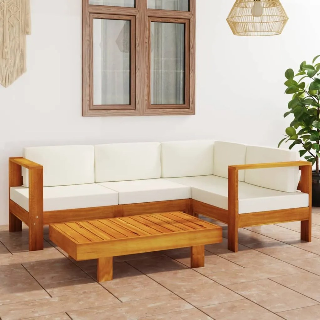 5 pcs conj. lounge de jardim c/ almofadões branco nata acácia