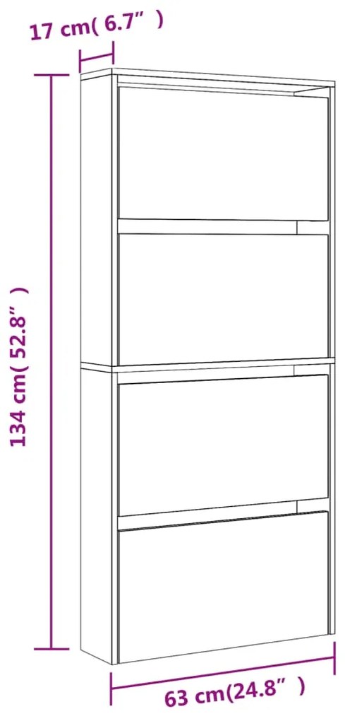 Sapateira c/ espelho 4 divisórias 63x17x134cm carvalho castanho