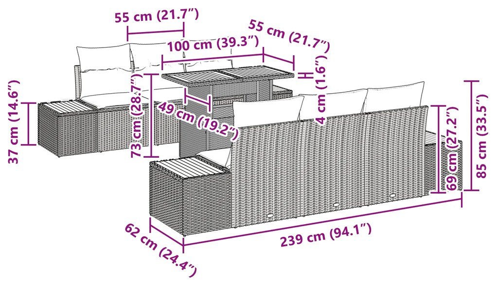 Conjunto de Jantar de 7 Peças com Almofadas Preto Rattan Sintético Acá