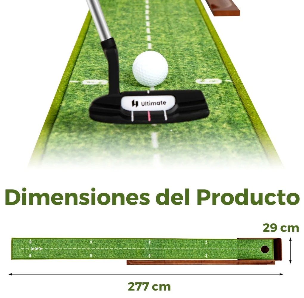 Tapete de golfe Hole-in-One com retorno automático da bola 3 bolas e acessórios de prática 274 x 27 x 15 cm