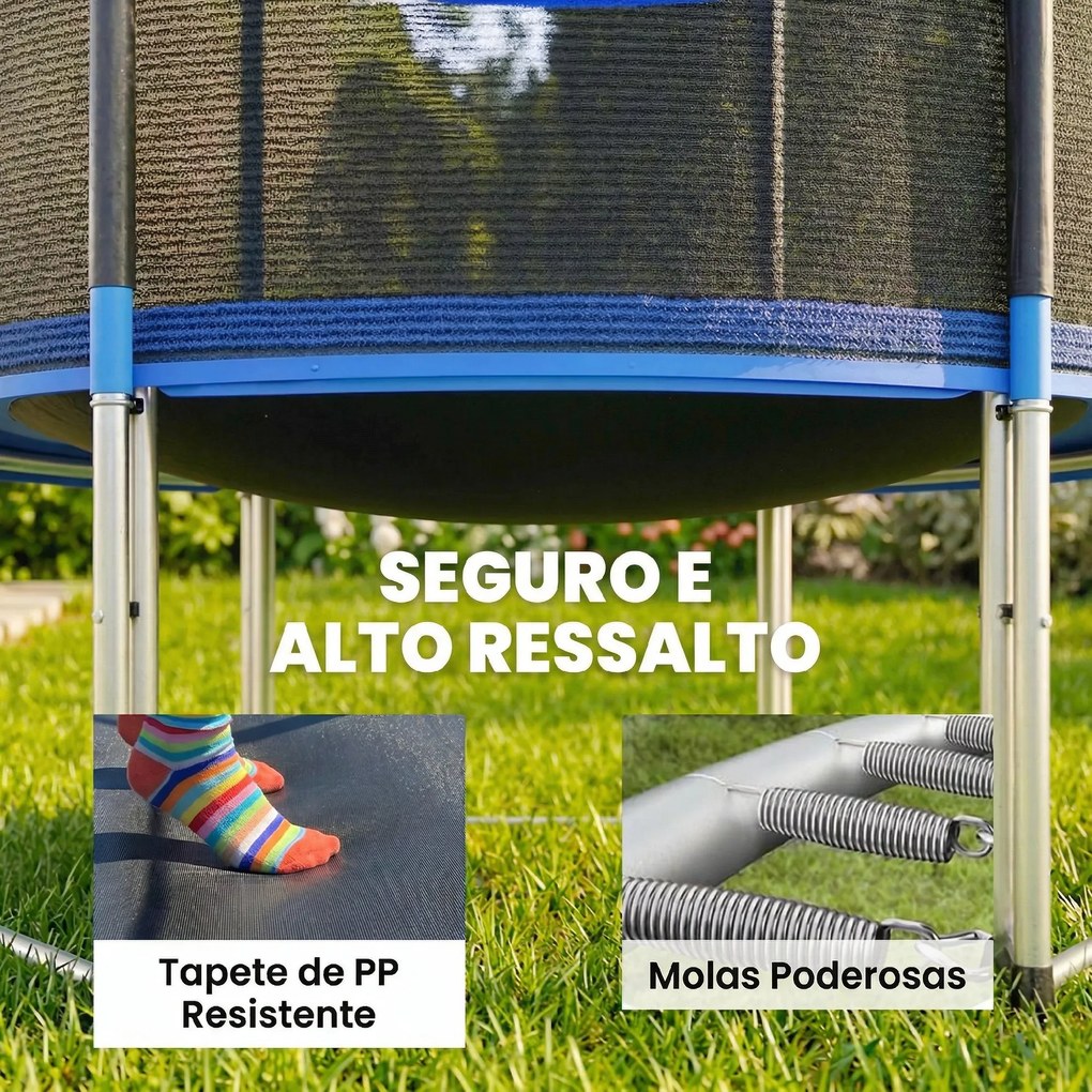 Trampolim para Crianças Exterior Ø244 cm com Rede de Segurança Escada Acolchoamento de Molas Azul