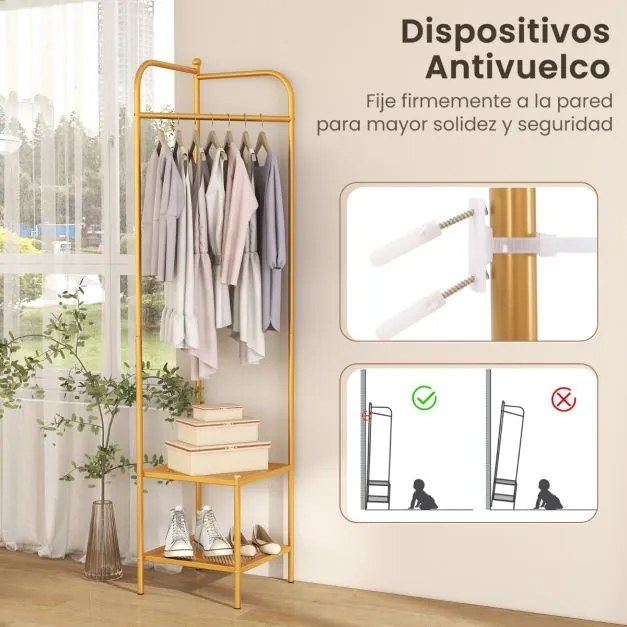 Guarda Roupa de canto 2 em 1  para roupa com gancho superior e 2 prateleiras Economia de espaço 42,5 x 42,5 x 193,5 cm Dourado