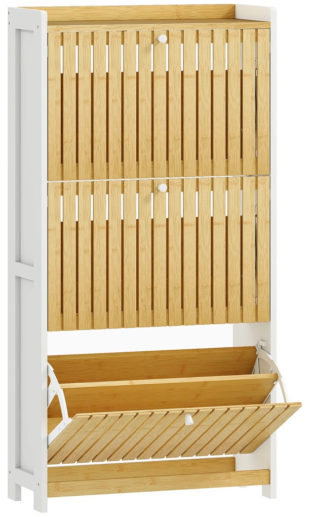 HOMCOM Sapateira Estreita com 3 Portas de Bambu Prateleiras Ajustáveis para 18 Pares de Sapatos 60x24x118 cm Branco e Madeira | Aosom Portugal