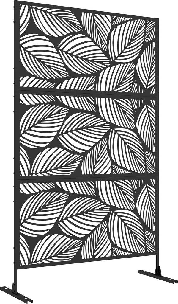 Biombo de Exterior Separador de Ambientes com 3 Peças com Padrão de Flores Grande e Estrutura de Aço 122x45x198 cm Preto