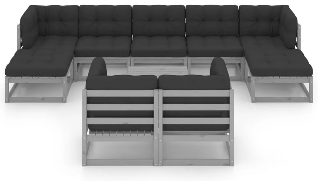 10pcs conjunto lounge de jardim + almofadões pinho maciço cinza