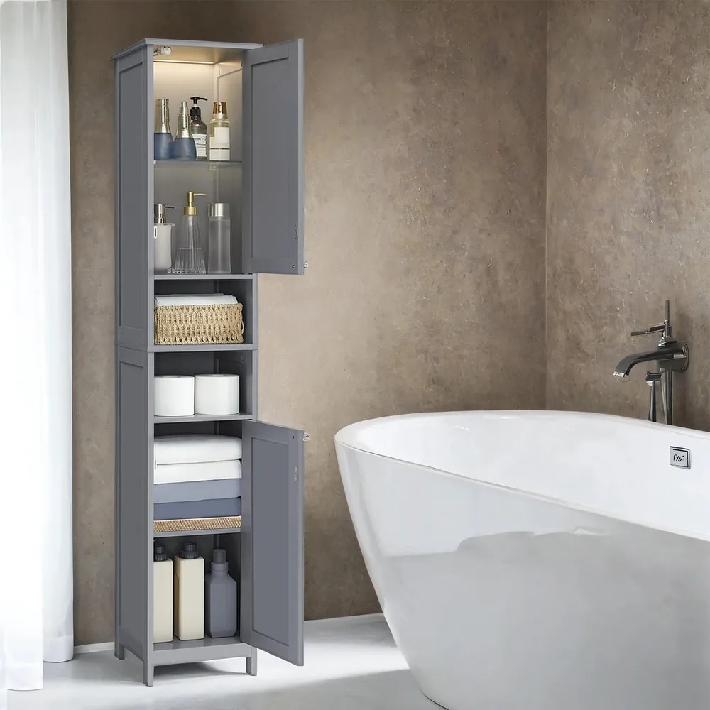 Armário alto para casa de banho com iluminação 30,1 x 30,1 x 170,1 cm, prateleiras ajustáveis, compartimentos abertos Cinzento