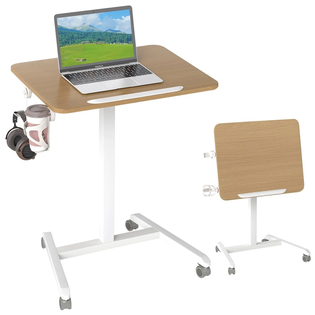 Mesa dobrável móvel para laptop com rodinhas e tampo inclinável de 90° - Natural