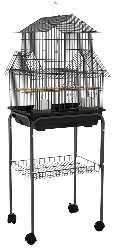 Pawhut Gaiola para Pássaros estilo Casa Comedouros Poleiros 3 Portas Bandeja Excrementos Removível Alça Transporte Preto | Aosom Portugal