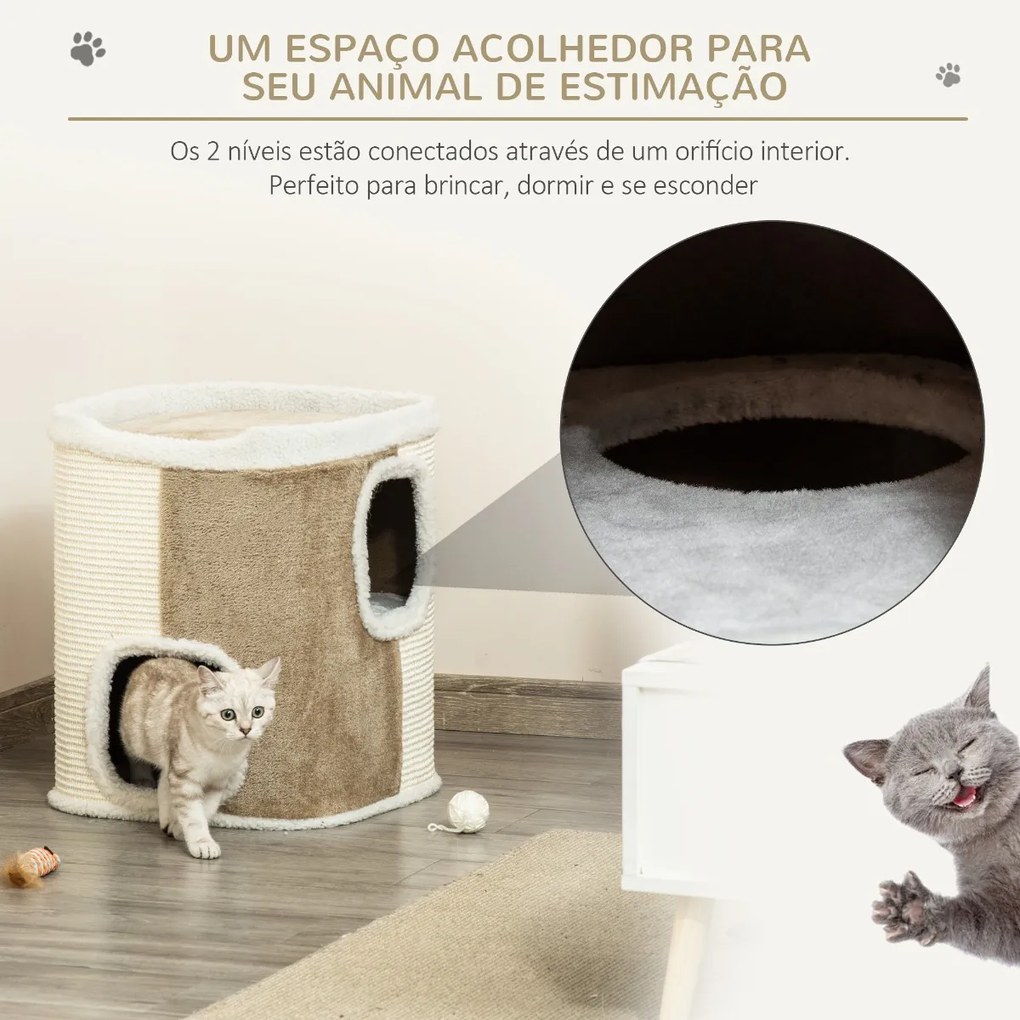 Barril Arranhador para Gatos de 2 Níveis com Caverna de Sisal Pelúcia Suave e Plataforma de Velo 40x40x49cm Bege